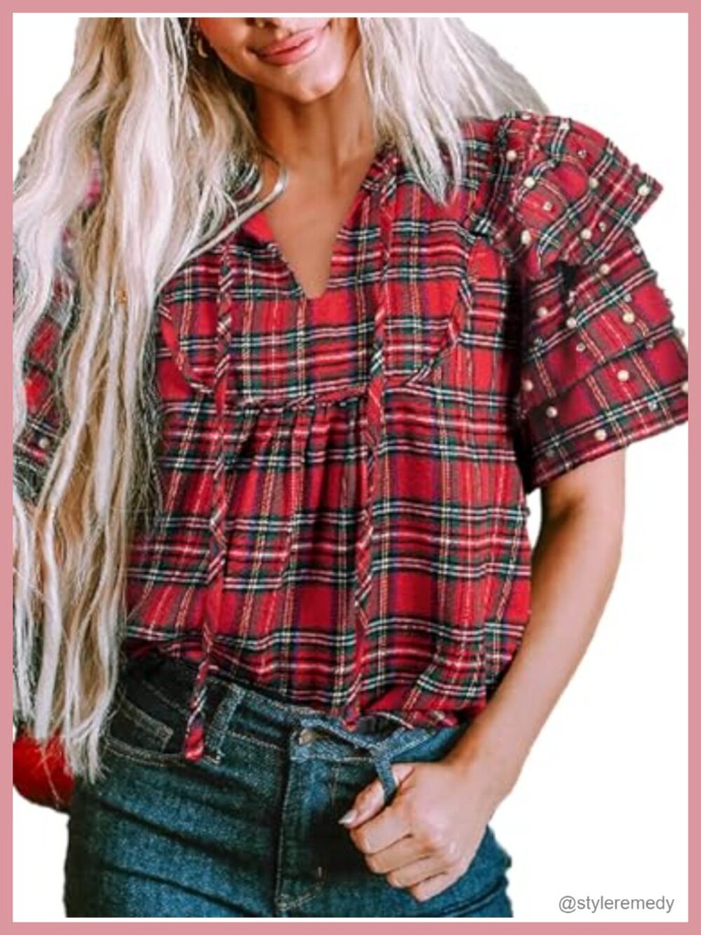 Plaid Pearl Ruffle Sleeve V Neck Loose Casual T-Shirt Top